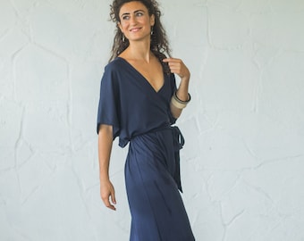 Combinaison cache-cœur en jersey de coton bio pour femme/taille unique salopette en jersey/salopette en jersey/Combinaison Maxi grande taille/Combinaison bohème bleu marine taille gratuite