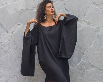 Linen Kimono Dress/Black Linen Kimono Dress/One Size Kimono Sleeve Dress/Free Size Black Dress/Oversize Kimono Linen Dress