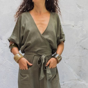 Linen Wrap Jumpsuit Women/One Size Linen Overalls/Linen Loungewear/Plus Size Maxi Jumpsuit/Linen Romper/Free Size Khaki Green Boho Jumpsuit image 2