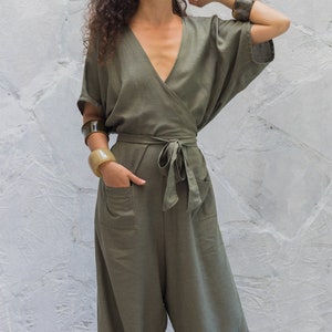 Linen Wrap Jumpsuit Women/One Size Linen Overalls/Linen Loungewear/Plus Size Maxi Jumpsuit/Linen Romper/Free Size Khaki Green Boho Jumpsuit