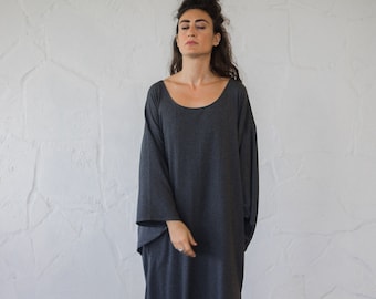 Organic Cotton Kimono Dress/Jersey Cotton Kimono Dress/One Size Kimono Sleeve Dress/Free Size Charcoal Dress/Oversize Grey Tshirt Dress