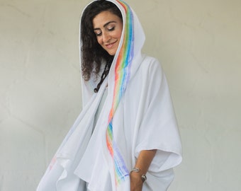 Rainbow Kimono/Pride Outfit/Hooded Kimono/Pride Kimono/Boho Kimono/Hooded Poncho/Burning Man Clothing/Ceremony Clothing/Hooded Cloak