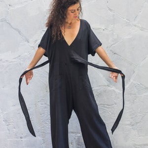 Linen Wrap Jumpsuit Women/One Size Linen Overalls/Linen Loungewear/Plus Size Maxi Jumpsuit/Linen Romper/Free Size Khaki Green Boho Jumpsuit image 10