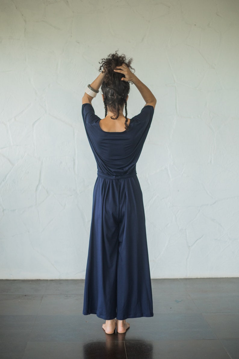 Organic Cotton Jersey Wrap Jumpsuit Women/One Size Jersey Overalls/Jersey overalls/Plus Size Maxi Jumpsuit/Free Size Navy Blue Boho Jumpsuit image 8