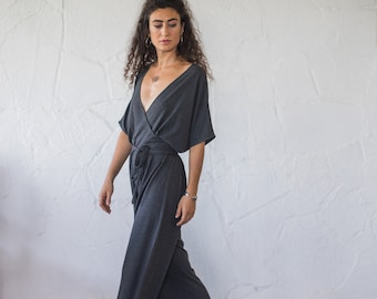 Organic Cotton Jersey Wrap Jumpsuit Women/One Size Jersey Overalls/Jersey overalls/Plus Size Maxi Jumpsuit/Free Size Grey Boho Jumpsuit