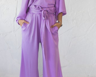 Organic Cotton Pants High Waisted Pants/Purple Palazzo Pants/One Size Jersey Pants/Loose Trousers/ Wide Leg Pants/Baggy Pants Women