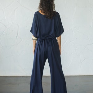 Organic Cotton Jersey Wrap Jumpsuit Women/One Size Jersey Overalls/Jersey overalls/Plus Size Maxi Jumpsuit/Free Size Navy Blue Boho Jumpsuit image 7