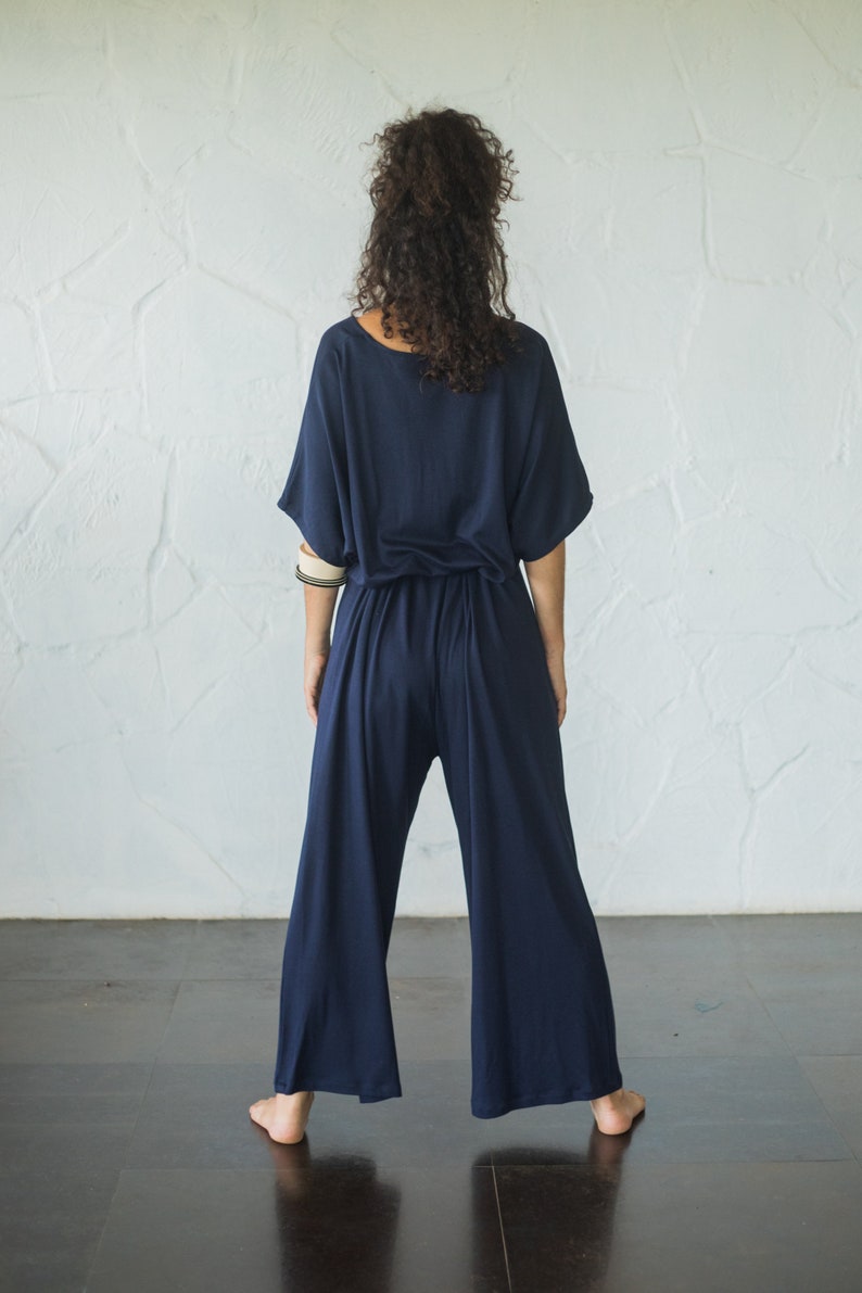 Organic Cotton Jersey Wrap Jumpsuit Women/One Size Jersey Overalls/Jersey overalls/Plus Size Maxi Jumpsuit/Free Size Navy Blue Boho Jumpsuit image 7