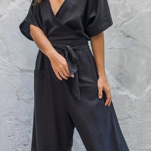 Linen Wrap Jumpsuit Women/One Size Linen Overalls/Linen Loungewear/Plus Size Maxi Jumpsuit/Linen Romper/Free Size Khaki Green Boho Jumpsuit image 8