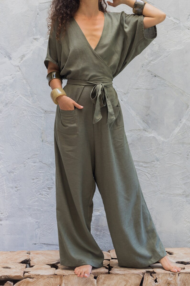 Linen Wrap Jumpsuit Women/One Size Linen Overalls/Linen Loungewear/Plus Size Maxi Jumpsuit/Linen Romper/Free Size Khaki Green Boho Jumpsuit image 1