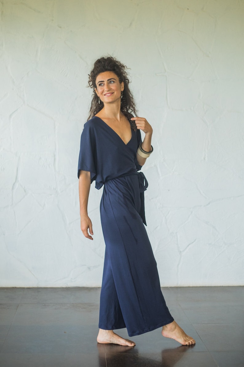 Organic Cotton Jersey Wrap Jumpsuit Women/One Size Jersey Overalls/Jersey overalls/Plus Size Maxi Jumpsuit/Free Size Navy Blue Boho Jumpsuit image 1