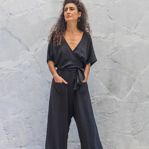 Organic Cotton Jersey Wrap Jumpsuit Women/One Size Jersey Overalls/Jersey overalls/Plus Size Maxi Jumpsuit/Free Size Navy Blue Boho Jumpsuit image 9