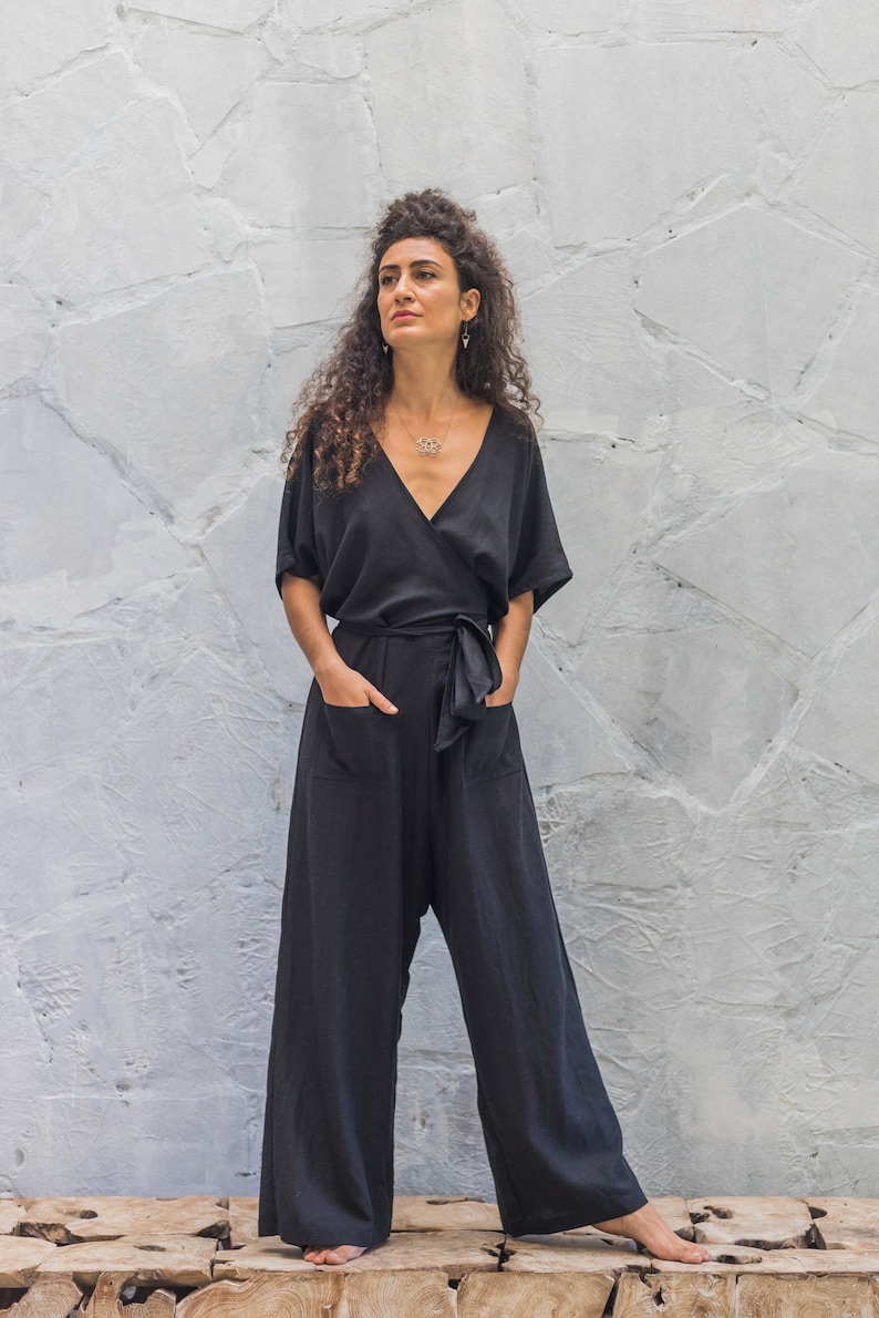 Organic Cotton Jersey Wrap Jumpsuit Women/One Size Jersey Overalls/Jersey overalls/Plus Size Maxi Jumpsuit/Free Size Navy Blue Boho Jumpsuit image 9