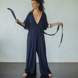 Organic Cotton Jersey Wrap Jumpsuit Women/One Size Jersey Overalls/Jersey overalls/Plus Size Maxi Jumpsuit/Free Size Navy Blue Boho Jumpsuit image 6