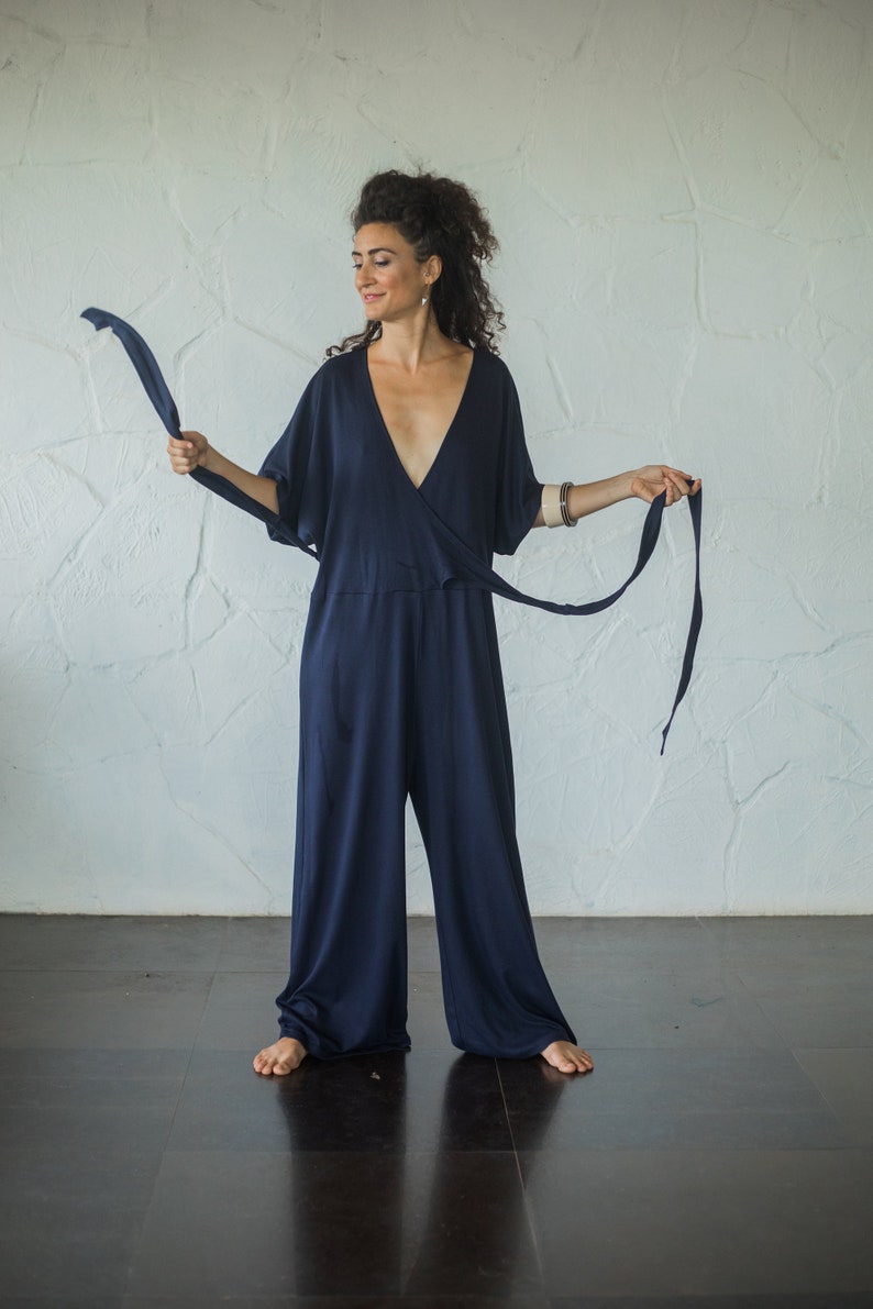 Organic Cotton Jersey Wrap Jumpsuit Women/One Size Jersey Overalls/Jersey overalls/Plus Size Maxi Jumpsuit/Free Size Navy Blue Boho Jumpsuit image 6