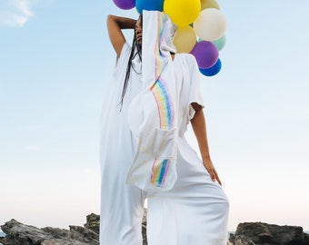 Hooded Rainbow Jumpsuit in Organic Jersey Cotton/Boho Jumpsuit/ Ceremony Jumpsuit/ Priestess Jumpsuit/ Free-Size Jumpsuit/ One Size Jumpsuit