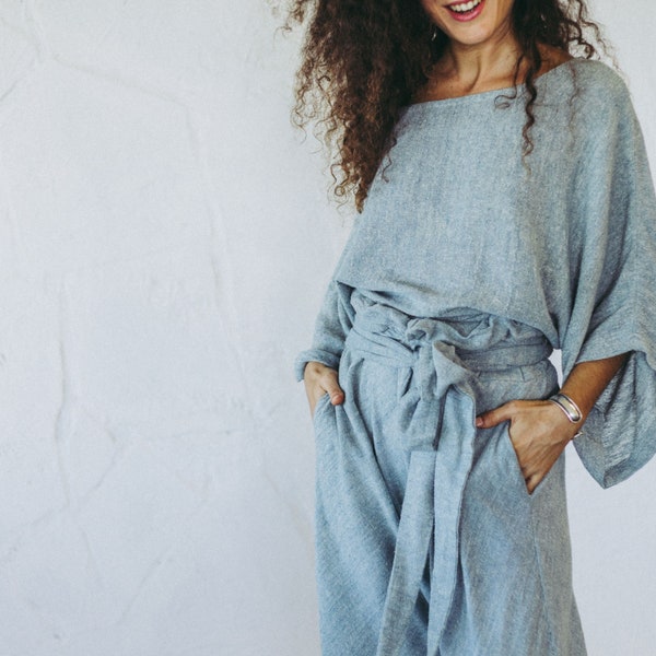 Crop Top and Pants set/One Size Set/Boho Top set/Boho pants set/Palazzo Set/High Waisted Pants Set/Boho Blouse/One Size Pants/Raw Silk Top