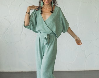 Mono envolvente de seda cruda para mujer/Monos Khadi de talla única/Ropa de salón para mujer/Mono maxi de talla grande/Romper de seda cruda/Mono Boho de tamaño libre