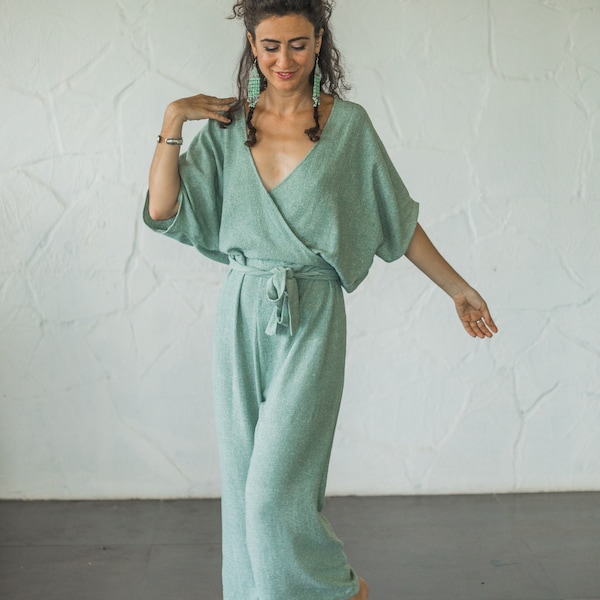 Raw Silk Wrap Jumpsuit Women/One Size Khadi Overalls/Women Loungewear/Plus Size Maxi Jumpsuit/Raw Silk Romper/Free Size Boho Jumpsuit