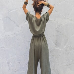 Linen Wrap Jumpsuit Women/One Size Linen Overalls/Linen Loungewear/Plus Size Maxi Jumpsuit/Linen Romper/Free Size Khaki Green Boho Jumpsuit image 4