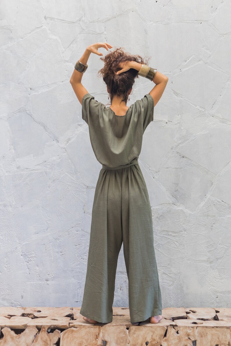 Linen Wrap Jumpsuit Women/One Size Linen Overalls/Linen Loungewear/Plus Size Maxi Jumpsuit/Linen Romper/Free Size Khaki Green Boho Jumpsuit image 4