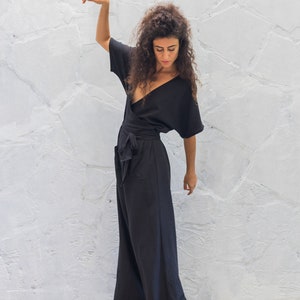 Linen Wrap Jumpsuit Women/One Size Linen Overalls/Linen Loungewear/Plus Size Maxi Jumpsuit/Linen Romper/Free Size Black Boho Jumpsuit