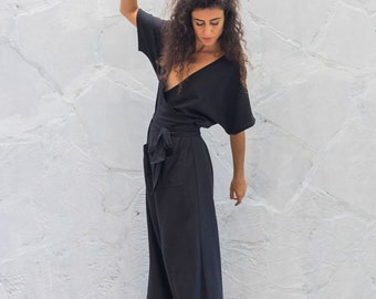 Linen Wrap Jumpsuit Women/One Size Linen Overalls/Linen Loungewear/Plus Size Maxi Jumpsuit/Linen Romper/Free Size Black Boho Jumpsuit