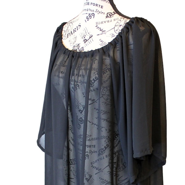 The VM Black Chiffon Chemise - Renaissance Blouse 3/4 Sleeve Off the Shoulder Witch Vampire Princess Fairy Goth Larp Ethereal Pirate Blouse