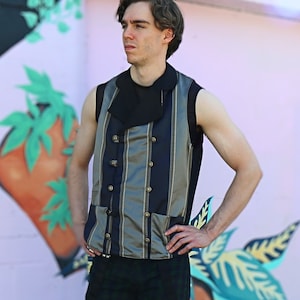 The VM Mens Double Breasted Waistcoat - Grey Stripe Tapestry Victorian Steampunk Alternative Wedding Vest Fantasy Goth Renaissance Waistcoat
