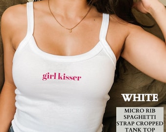 Lesbian Pride Shirt, Funny Girl Kisser Crop Spaghetti Strap Tank Top,LGBTQ Feminist Sapphic Pride Party Crop Tank,Lesbian Pride Gift for Her