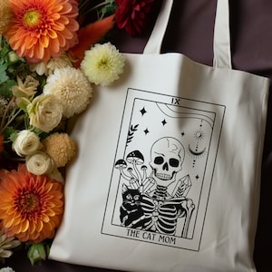 Sac fourre-tout en toile de coton carte tarot chat maman, cartable en coton squelette tenant un chat, cadeau amoureux des chats pour maman chat, sac cabas alternatif grunge étrange