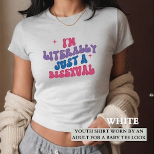 Bisexual Pride Baby Tee Shirt, I&#39;m Literally Just A Bisexual Baby Tee, Group Gay Pride Party Baby Tee Shirts, LGBTQ Christmas Gift for Her