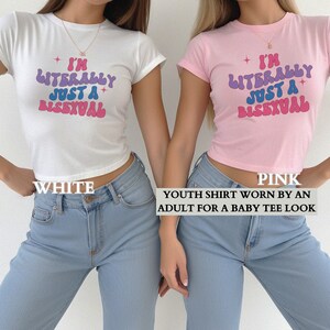 Bisexual Pride Baby Tee Shirt, I&#39;m Literally Just A Bisexual Baby Tee, Group Gay Pride Party Baby Tee Shirts, LGBTQ Christmas Gift for Her