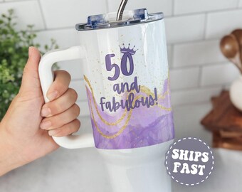 Personalized 50th Birthday Tumbler, Custom Birthday Gift for Best Friend, 50th Birthday 40oz Tumbler with Straw,Birthday Tumbler with Handle