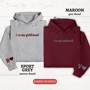 Personalized EMBROIDERED Hoody, Custom I Love My Girlfriend Hooded Sweater, Couples Matching Initial Hoodie, Valentines Day Gift for Him Her