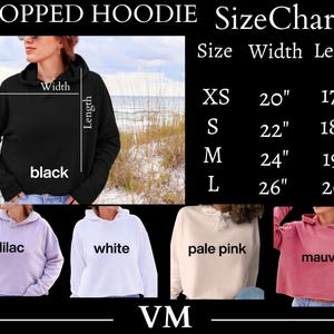 May include: Black cropped hoodie with size chart. The chart shows measurements for sizes XS to L, with widths from 50.8cm to 66cm and lengths from 43.2cm to 50.8cm. Additional colours include lilac, white, pale pink, and mauve.