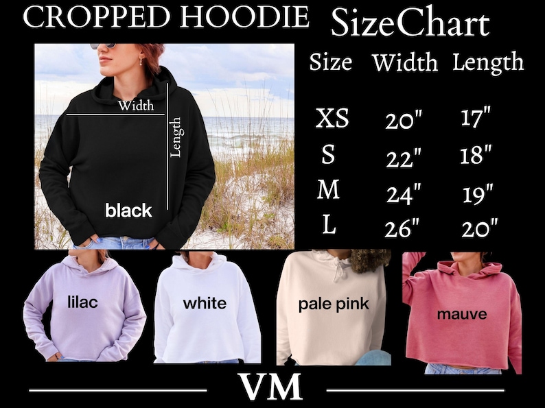 May include: Black cropped hoodie with size chart. The chart shows measurements for sizes XS to L, with widths from 50.8cm to 66cm and lengths from 43.2cm to 50.8cm. Additional colours include lilac, white, pale pink, and mauve.