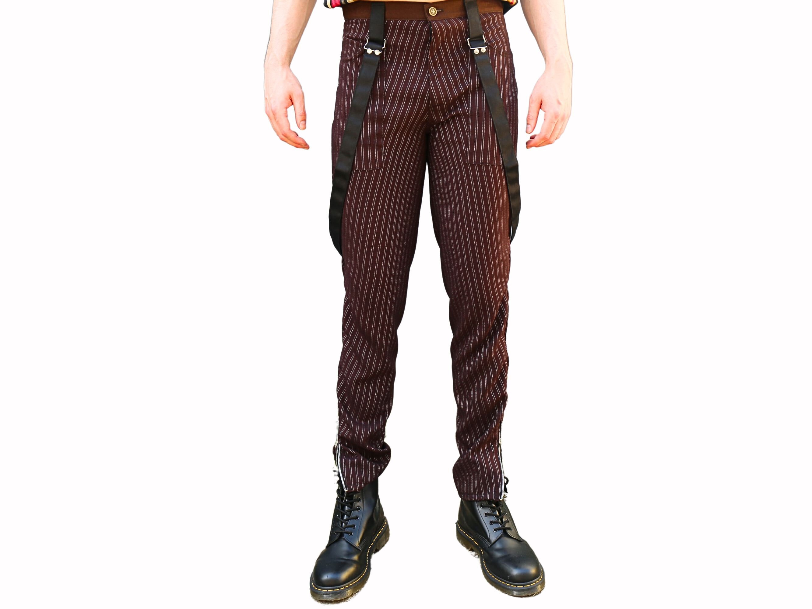 【BAON】Bulkin brushed banding painter strap pants Men Bondage Straps Punk Split Leg Plaid Jeans Pant
