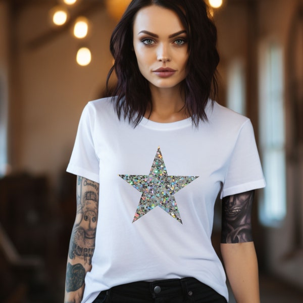 Silver Glitter Star T-shirt, Star Tee Shirt, Retro 90s Y2K Five Point Star T Shirt, Vintage Style Sparkly Star T, Alternative Gift for Her