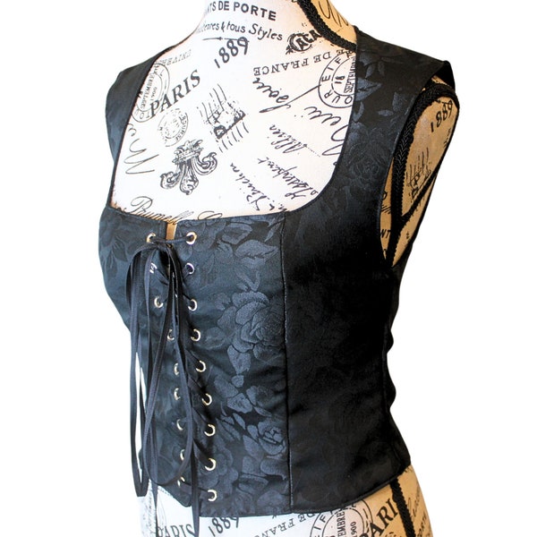 The VM Bodice -Black Tapestry CottageCore Renaissance Wench Corset Top Goblincore Bodice Steampunk Goth Medieval Hobbit Rengency Corselette