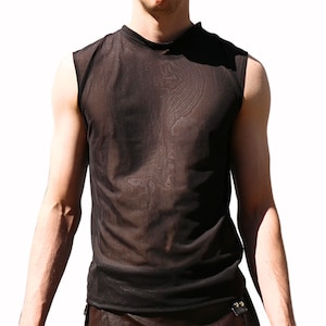 The VM Men&#39;s Sleeveless Mesh Top - Black Mesh Sheer SeeThrough TankTop Sheer Party Festival Rave Shirt Dance Wear Burning Man Mesh Clubwear