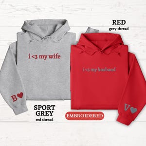Personalized EMBROIDERED Hoody, Custom I Love My Wife Husband Hooded Sweater,Couples Matching Initial Hoodie,Valentines Day Gift for Him Her