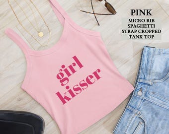 Lesbian Pride Shirt, Funny Girl Kisser Spaghetti Strap Crop Tank Top,LGBTQ Feminist Sapphic Pride Party Crop Tank,Lesbian Pride Gift for Her