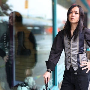 The VM Men&#39;s Steampunk Waistcoat -Grey Stripe Tapestry Handmade Victorian Vest Alternative Wedding Waistcoat Fantasy Goth Dark Academia Vest