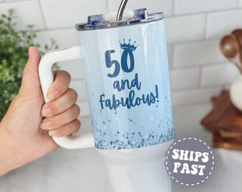 Personalized 50th Birthday Tumbler, Custom Birthday Gift for Best Friend, 50th Birthday 40oz Tumbler with Straw,Birthday Tumbler with Handle