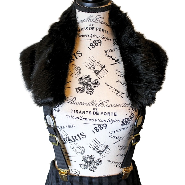 The VM Faux Fur Suspenders with Hidden Pocket -Black Faux Fur Wrap Suspenders Burningman Rave Gift Wedding Fake Fur Barbarian Celtic Wedding
