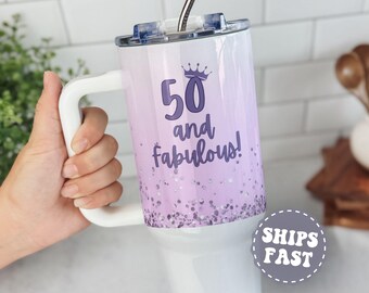 Personalized 50th Birthday Tumbler, Custom Birthday Gift for Best Friend, 50th Birthday 40oz Tumbler with Straw,Birthday Tumbler with Handle