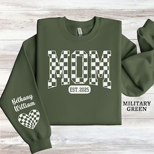 Sudadera a cuadros personalizada para mamá, suéter personalizado para mamá con nombre de niño en la manga, regalo para mamá primeriza, anuncio de embarazo, regalos para el Día de la Madre
