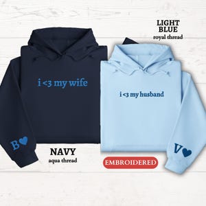 Personalized EMBROIDERED Hoody, Custom I Love My Wife Husband Hooded Sweater,Couples Matching Initial Hoodie,Valentines Day Gift for Him Her