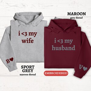 Personalized EMBROIDERED Hoody, Custom I Love My Wife Husband Hooded Sweater,Couples Matching Initial Hoodie,Valentines Day Gift for Him Her